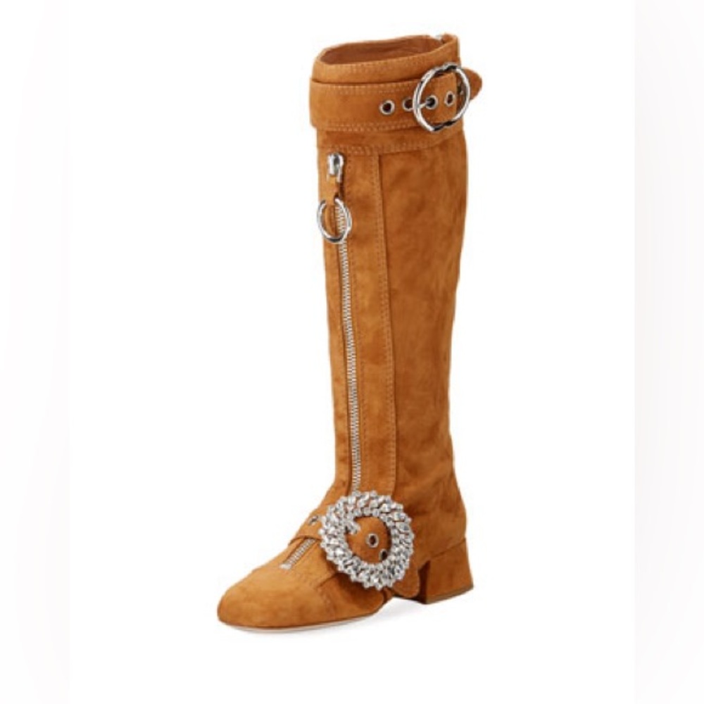 Miu Miu Suede Crystal-Embellished Knee-High Boot 37.5